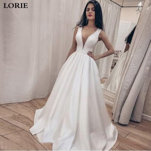 LORIE Wedding Dresses Satin A Line Boho Bride Dresses Sexy V Neck Wedding Gown Lace up Back Vestido de novia