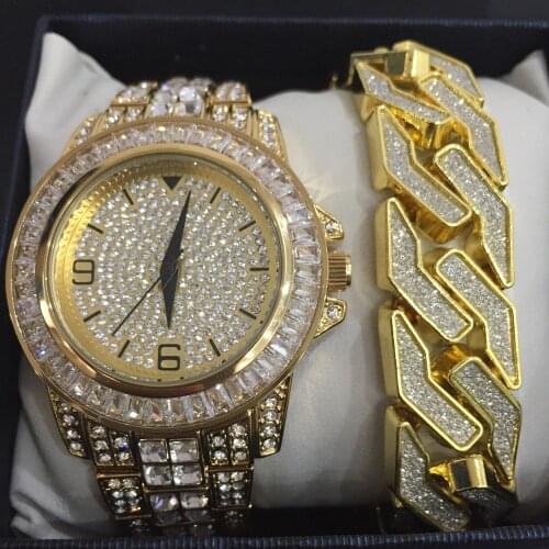 Luxury Men Gold Watch Hip Hop Alloy Ice Out Cuban Men Watch & Bracelet Gold Geometric Shape Bracelet Hip Hop Braclete For Men