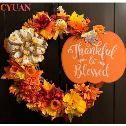 Thanksgiving Wooden Thankful & Blessed Pumpkin Fall Hanging Sign Autumn Harvest Festival Home Wall Door Decoration Halloween