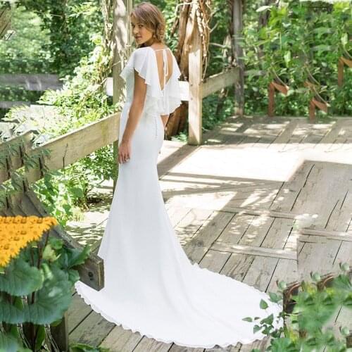 Chiffon Mermaid Short Sleeves Wedding Dress Deep V-Neck Cheap Backless Outdoor Beach Lace Up Ribbon Long Bridal Bridesmaid Gowns