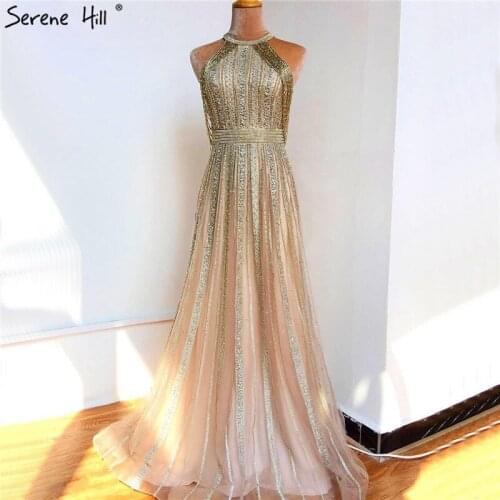 Dubai Luxury Beading Tassel Sleeveless Evening Dresses 2020 Latest Design Gold Halter Evening Gowns Serene Hill DLA70357