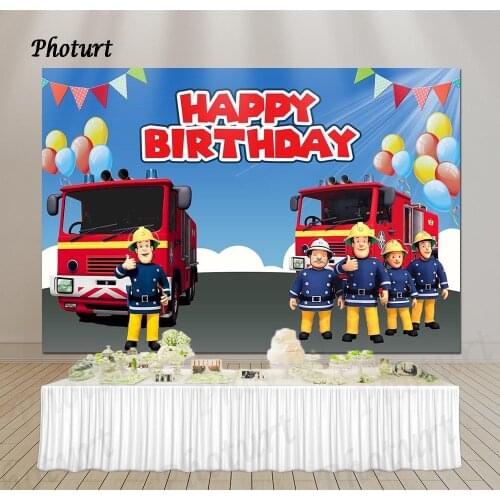 PHOTURT Fireman Sam Backdrop Kids Birthday Party Photography Banner Fire Truck Balloon Flag Vinyl Photo Background Props