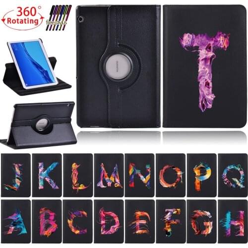 360 Rotating Tablet Case for Huawei MediaPad T3 10 9.6"/T5 10 10.1" 26 Letter Anti-Drop Leather Case+ Free Stylus