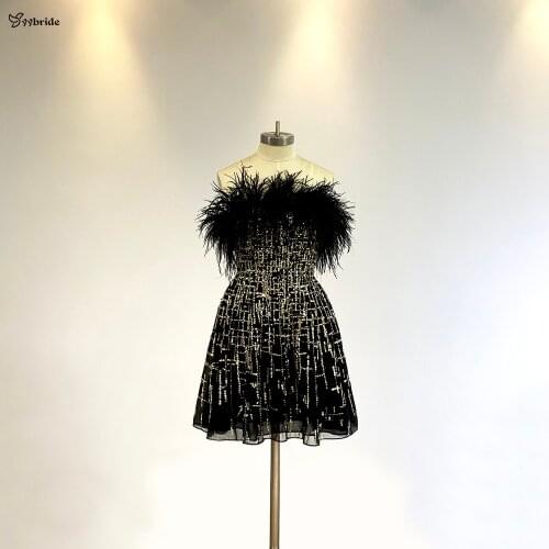 YYbride New Black Color With Gold Beads Luxury Hand Sewing Crystals Sexy Lady Mini Skirts Feathers Strapless Cocktail Dresses