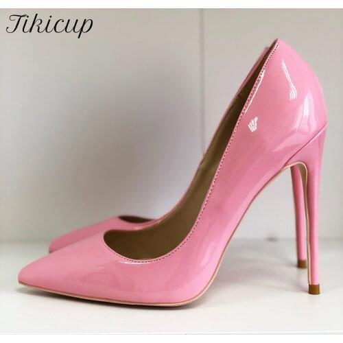 Tikicup Glossy Solid Pink Women Patent Pointed Toe High Heels Ladies Wedding Bridemaids Dress Shoes OL Chic Stiletto Pumps