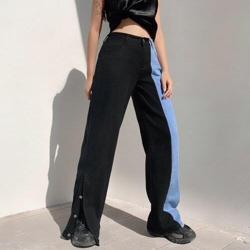 Harajuku Denim Pants Blue And Black Women Patchwork Jeans Trousers High Waist Women Wide Leg Pantalon Streetwear Female Jeans