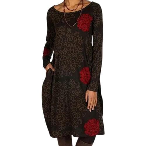 Retro Women Dresses Autumn O Neck Long Sleeve Digital Print Loose Knee-length Dress Womens Clothing 2021