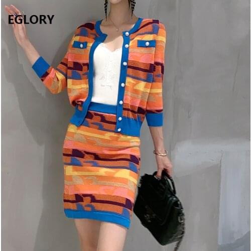 Sweater Sets 2020 Autumn Winter 2 Piece Suit Women Rainbow Color Knitting Cardigan Sweater+Mini Knitted Skirt Set Casual Ladies