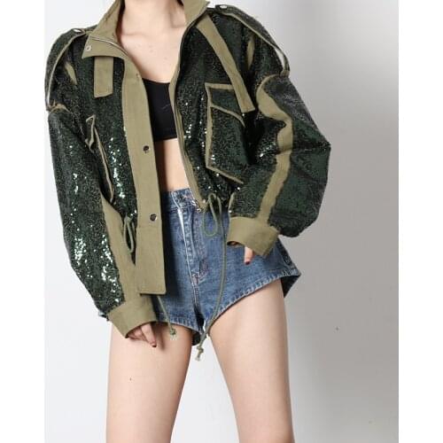 Women Coat Autumn New Fashion Symmetrical Pocket Heavy Industry Body Sequin Hem Drawstring Long Sleeve