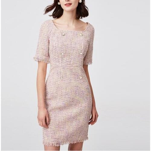 Orange pink tweed square neck dress 2021 spring / autumn womens dress ladies bright silk tassel female one-piece dress