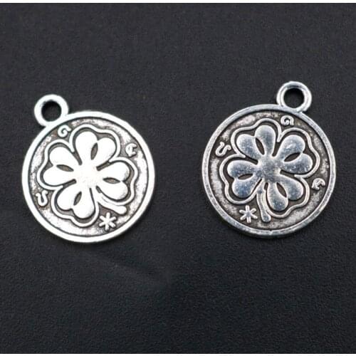 WKOUD 20pcs Silver Color Metal Four-Leaves Clover Charm Vintage Bracelet Key Chain DIY Metal Jewelry Round Alloy Pendants A1646