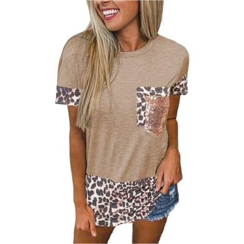 2021 Amazon wish summer cross border womens wear leopard pattern stitching pocket round neck short sleeve T-shirt