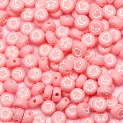 4x7mm White Star/Moon/Heart/Flower Pattern Acrylic Beads Pink Round Flat Loose Beads For Jewelry Making Handmade Diy Accessories