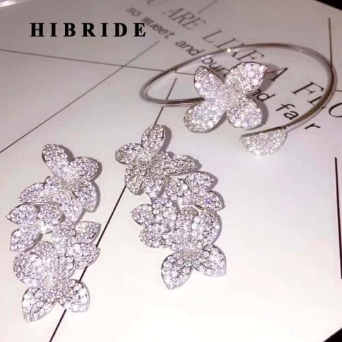 HIBRIDE European Flower Design Micro CZ Pave Open Bangle Women Jewelry Bangle&Bracelets Earring Brincos Bijoux Femme N-642