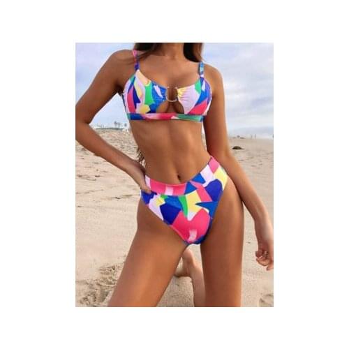 Colorful Cut Out High Waist Bikini Female Swimsuit Women Swimwear Two-pieces Bikini Bather 2021 New Style