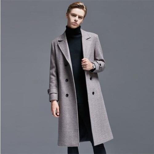 Autumn mens woolen coat winter american style wool coats mid-length double-breasted herringbone business clothes brown grey