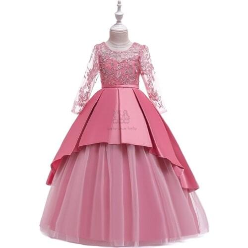 Princess Girls Dress Kids Flower Lace Embroidery Dress For Girls Vintage Children girldress For Wedding Party Formal Ball Gown