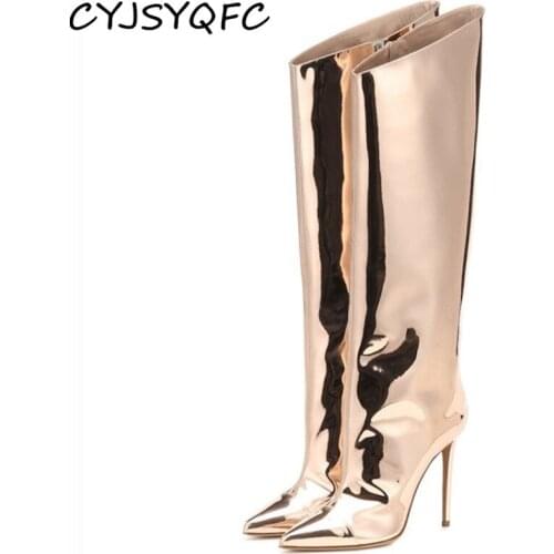 CYJSYQFC Runway Women High Boots Candy Color Mirror Leather Women Knee High Boots Sexy Super High Heels Stilettos Long Booties