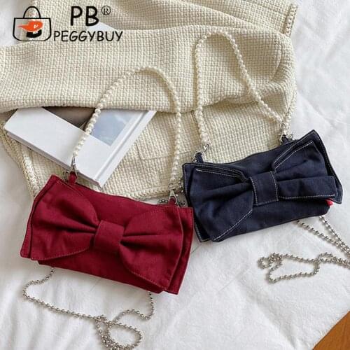 Versatile Women Shoulder Bag Bowknot Canvas Pearl Chain Underarm Messenger Casual Ladies Solid Color Handbags