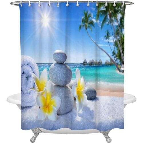 Tropical Beach Flowers Stones Shower Curtain Polyester Fabric Waterproof Shower Curtains Modern Bathroom Curtain