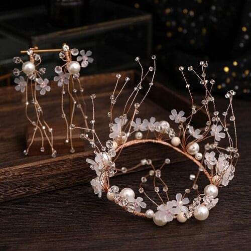 Pearl Round Crown Tiara Wedding Bride Hair Accessories Princess Crown With Earrings Diadem Accessories For Women Headdress