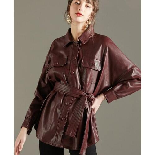 2021 New Women Faux Soft Leather Loose Jacket Single Breasted Turndown Collar Biker Overcoat Female Street Outerwear With Belt