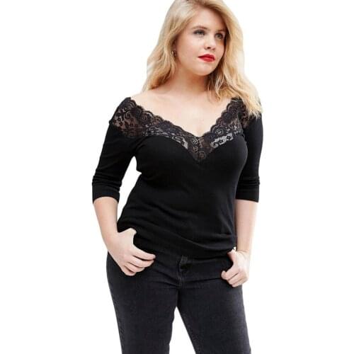 New Plus Size Woman T-shirt Spring Autumn Black Lace Female T-shirt V-neck Solid Three Quarter Sleeve Bottoming Tees