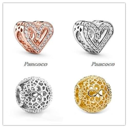 925 Sterling Silver Charm Openwork Rose Sparkling Freehand Heart With Crystal Bead Fit Women Pandora Bracelet & Necklace Jewelry