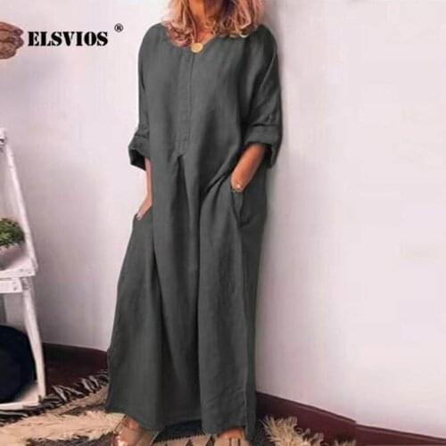 ELSVIOS Autumn Women casual Long Sleeve Loose Maxi Dress Lady solid Cotton Linen Dress casual O Neck Solid Party Dress Vestidos