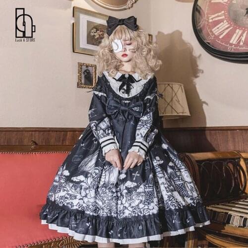 Luck A Gothic Lolita Dark Color Loli Autumn Winter Daily Lolita High Waist Kawaii Girl Cos Long Sleeve Dress Women