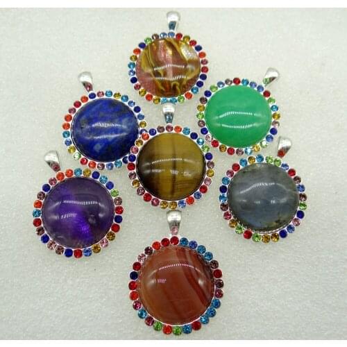 2020 hot sell Natural Stone Quartz Crystal Opal tiger eye Round Shaped Pendant for Diy Jewelry Making necklace for woman man8PC