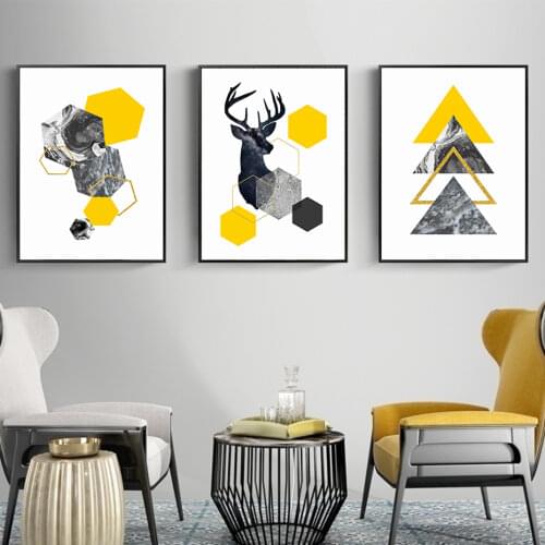 Abstract Geometric Triangles Yellow Marble Nordic Deer Canvas Paintings Wall Art Poster Prints Pictures Living Room Home Decor