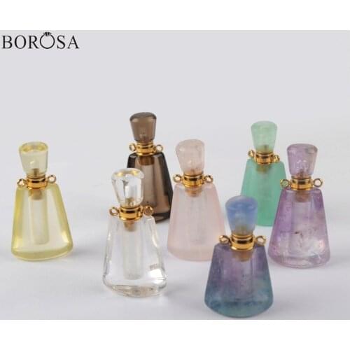 BOROSA 3Pcs Gold Multi-kind Natural Gems Stone Diffuser Connector Amethysts Healing Chakra Crystal Quartz Perfume Bottle WX1219