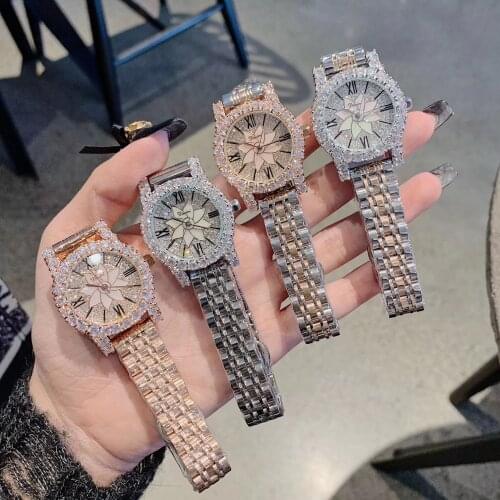 New Business Dress Women Brand Full Steel Watches Crystals Shell Flower Lotus Wrist watch Roman Number Bracelet Watch Waterproof