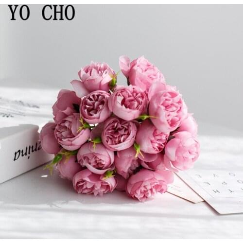 YO CHO Artificial Flower Silk Rose 27 Heads Mini Bouquet Fake Rose Girl Flowers White Pink Home Party Wedding Table Decoration