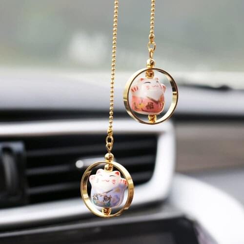 Ceramic Lucky Cat Pendant Good Luck Car Charm Chimes Ornament Rearview Mirror Hanging Decoration Automobiles Accessories Gifts