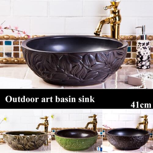 Retro Art Ceramic Washbasin Bathroom Sink Lavatory Sink For Toilet Shampoo Basin Round Countertop Basin Matching Set Drain