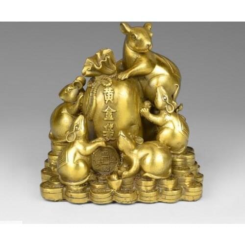 China antique bronze Five fortune Zodiac mouse Copper money Purse Statues