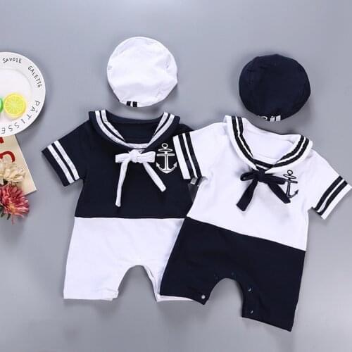 Sailor Collar Baby Boy Clothes White Baby Navy Hat Bodysuits Striped Sailor Shirt Relaxed Kids Naval Academy Summer Jumpsuits