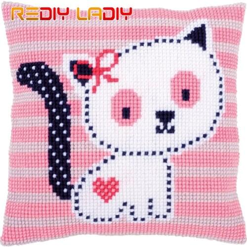 Cross Stitch Cushion Cover Pink Kitten Pillow Case Pre-Printed Canvas Acrylic Thick Yarn Crafts Cross-stitch Needlepoint Kits