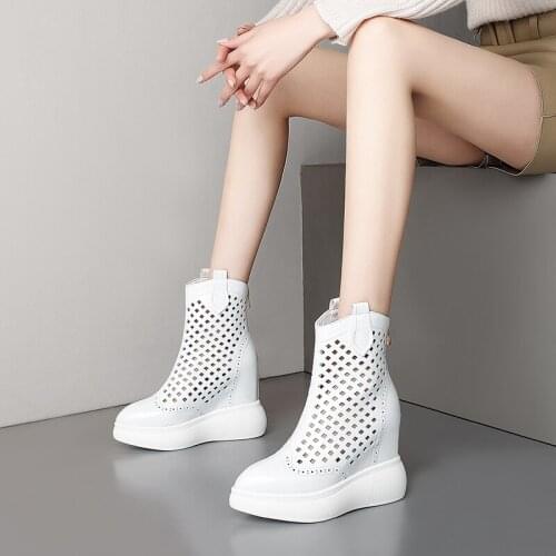 MKKHOU Fashion Single Shoes Women New Summer Genuine Leather Pointed Toe Hollow Increased Comfortable Casual Lightweight Shoes