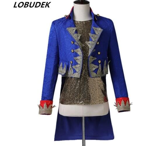 Men Court Tailcoat Blue Vintage Long Style Embroidery Jacquard Blazer Male Singer Magician Host Stage Performance Drama Costume