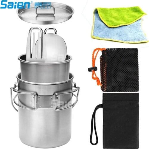 Camping Cookware Set | Titanium Stove Pot Pan Frypan Bowl Cup&Stainless Steel Mug Water Cup - Ultra Light
