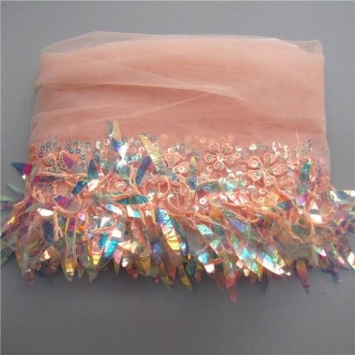 2 Meters 15cm Pink Orange Sequins Mesh Lace Fabric Trim Ribbon Tassel Fringe Edge Embroidered Sewing Craft Prom Party Halloween