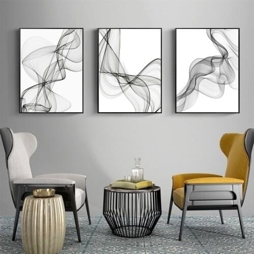 Self-adhesive Wall Stickers Black and White Abstract Wavy Lines Poster Print Wall Art Pictures for Living Room Home Decor