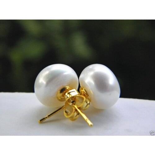 New Genuine Natural Huge 9-10mm White Freshwater Pearl 14KGP GP Stud Earrings