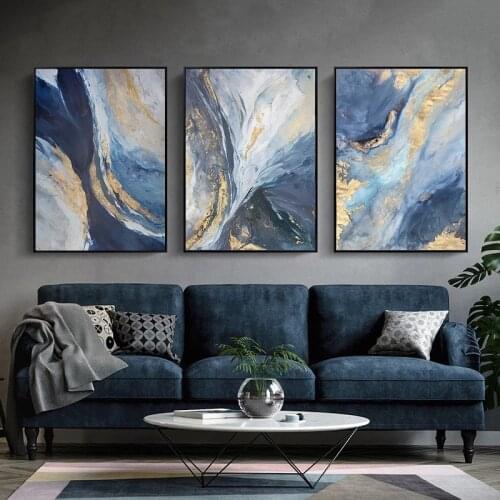 Modern Marbled Canvas Painting Blue Yellow Minimalist Poster Art Print Picture Wallpaper Living Room Decoration Without Frame