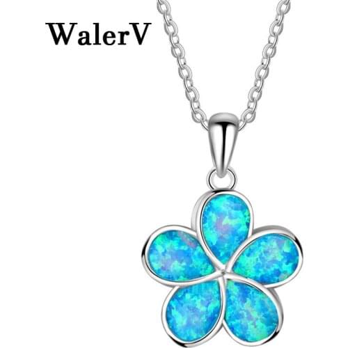 WalerV New for Womens Set Fashion Unique Imitation Opal Five Leaf Grass Shape Pendant Necklace Wedding Jewelry Charm Gift