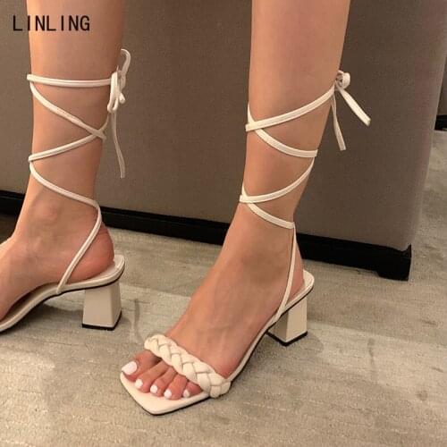 2021 Women Weave Sandals High Heel Cross Strap Summer Gladiator Shoes Fashion Square Toe Casual Sandalias Narrow Band Zapatos Mu