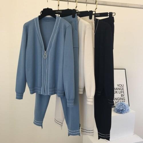 Amolapha Women Zipper V Neck Sweater Tops+Pants Sets Long Sleeve Woman Knit Jackets Coats Trousers Suits
